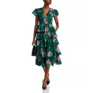 Banjanan Green Floral Tiered Midi Dress with Pink Accents